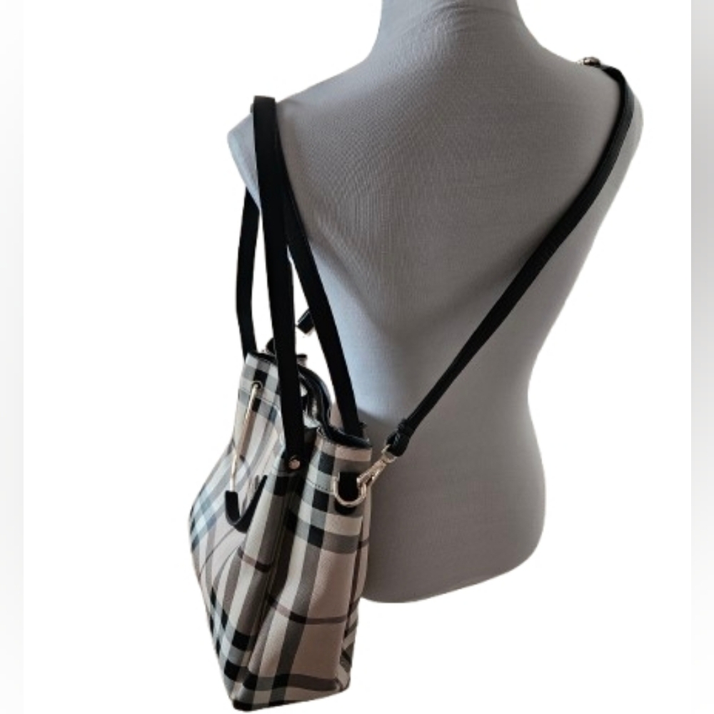 Plaid Shoulder Bag with Black Accents - Picture 2 of 12